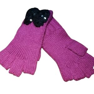 Betsey Johnson Raspberry Fingerless Gloves With Black Accent Sequin Bow NWOT